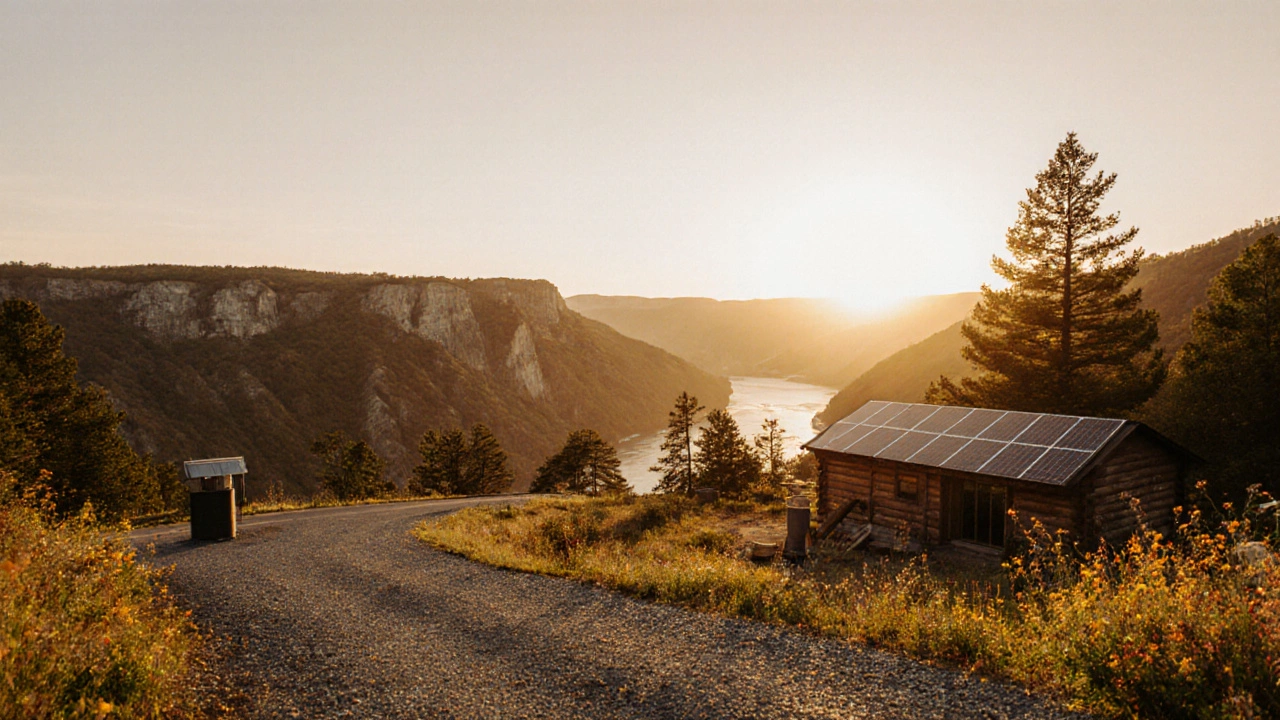 Scenic West Virginia lot with river view, solar panel, well, and gravel driveway in golden sunlight.