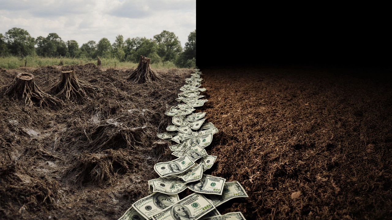 Split view: left shows messy cleared land with stumps, right shows leveled site ready for construction.