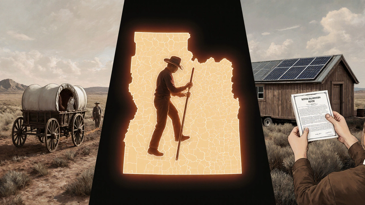 Three contrasting scenes of land ownership in Utah: historic homesteader, modern off-grid resident, and tax auction bidder.