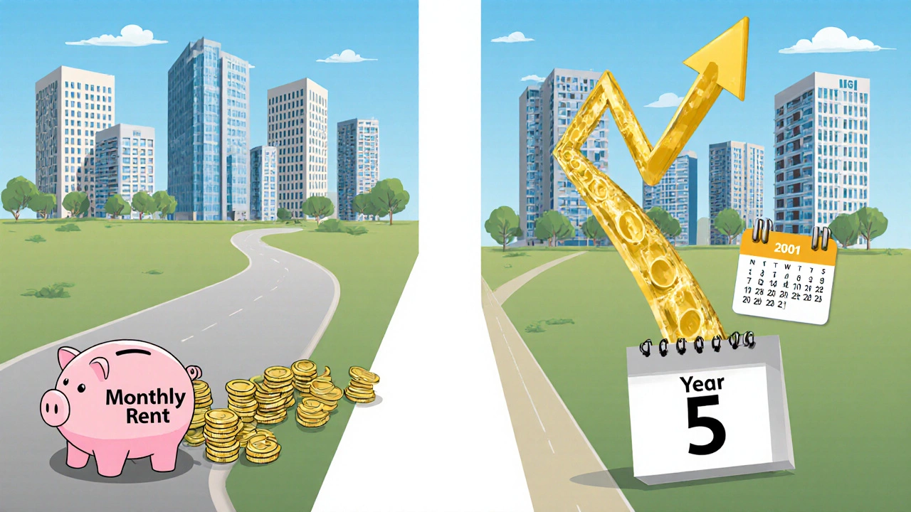 Two symbolic paths beside a house: one with coins for cash flow, the other with a rising arrow for equity growth.