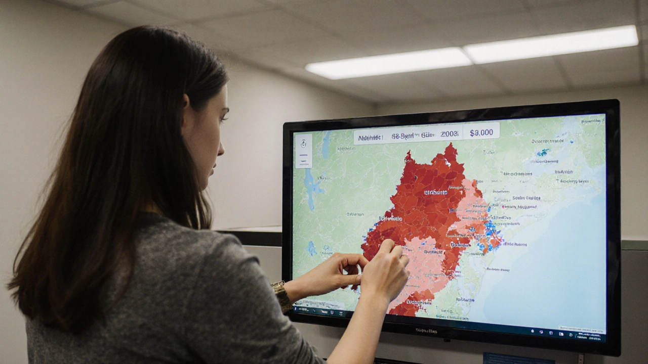 Woman using a housing authority kiosk with a map showing income limits across Virginia regions.