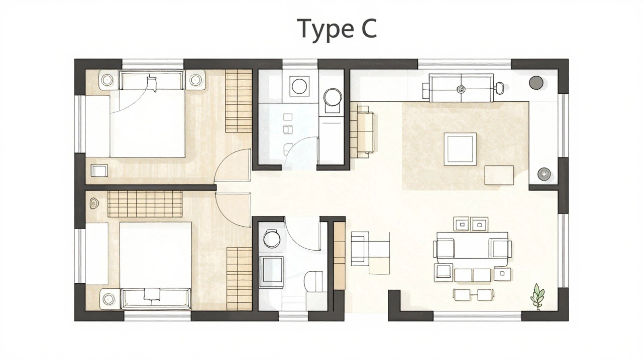 Clean line-art floor plan showing bedroom layout on one side and living space opposite in a Type C 2BHK apartment.