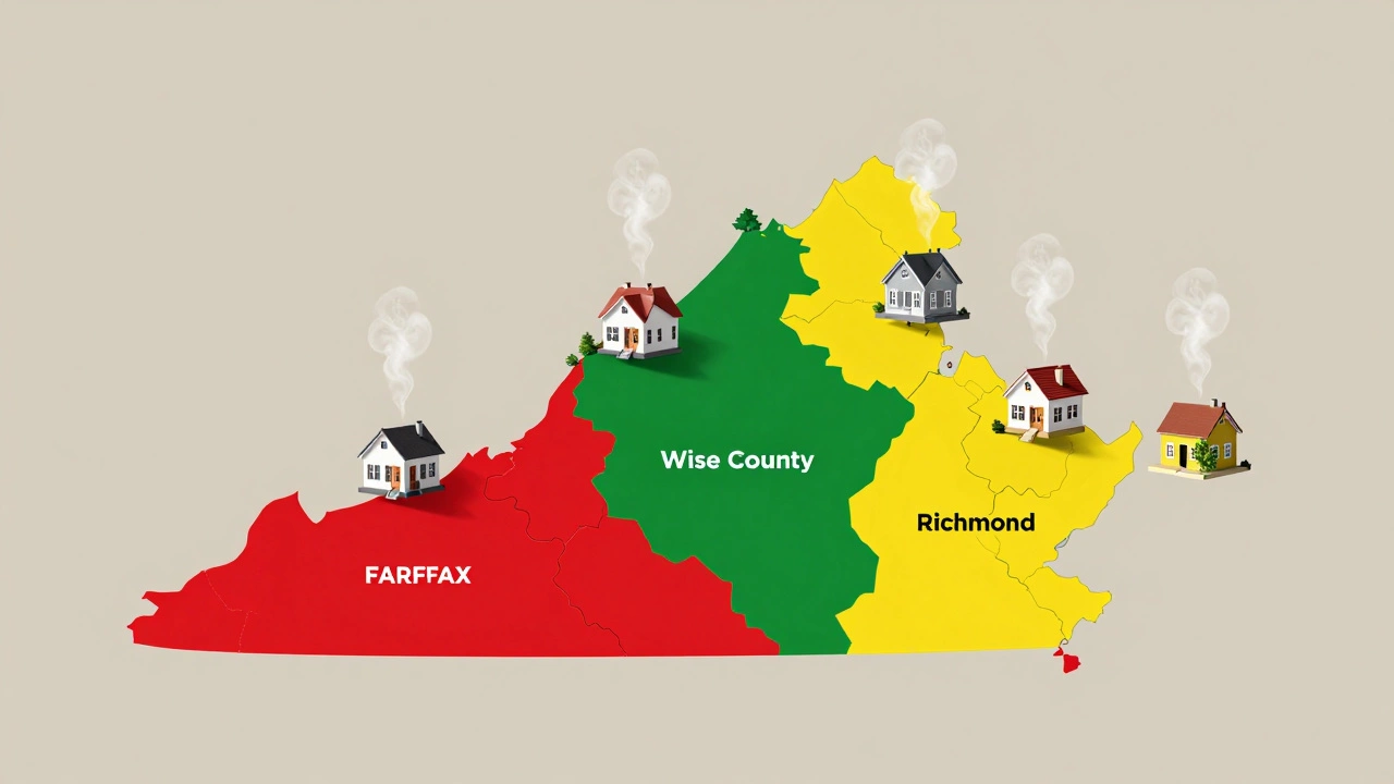 Color-coded map of Virginia showing regional property tax differences with floating home values.