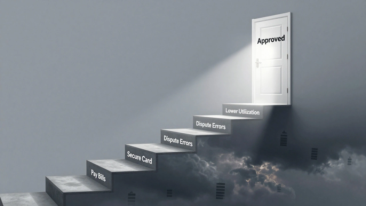 Credit score as a staircase rising to an approved door, steps labeled with improvement actions.