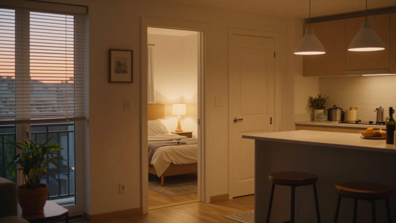 Evening view from living area toward closed bedroom doors in a cozy Type C apartment with soft ambient lighting.