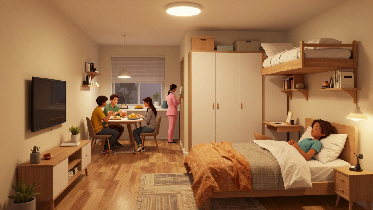 Family living in a small 2BHK apartment: parents in one room, teen in tiny bedroom, eating at kitchen counter.