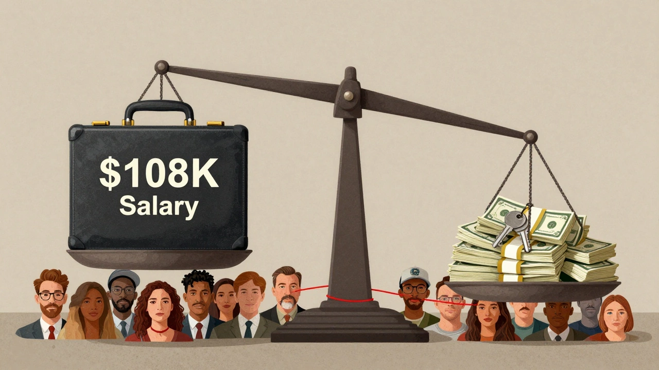 Giant scale tipping under salary weight, with marginalized workers barely visible beneath.