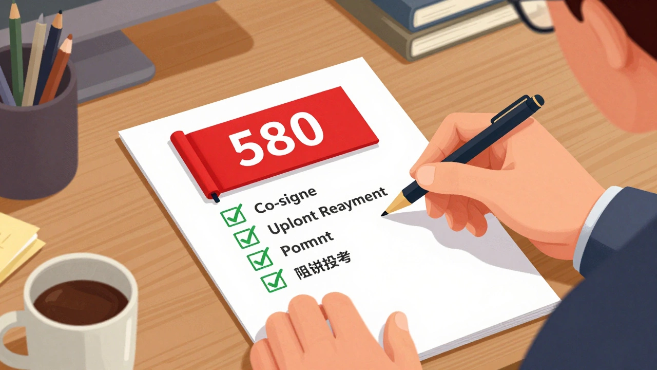 Landlord reviewing credit report with symbols for co-signer, rent payment, and references.