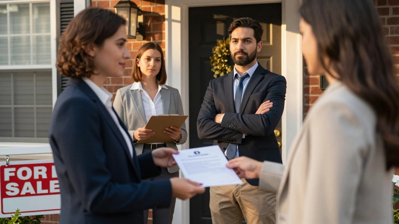 New owner handing legal notice to tenant at front door of Maryland rental home