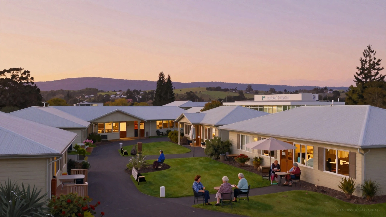 Serene retirement village with courtyard and residents at sunset in Hamilton.