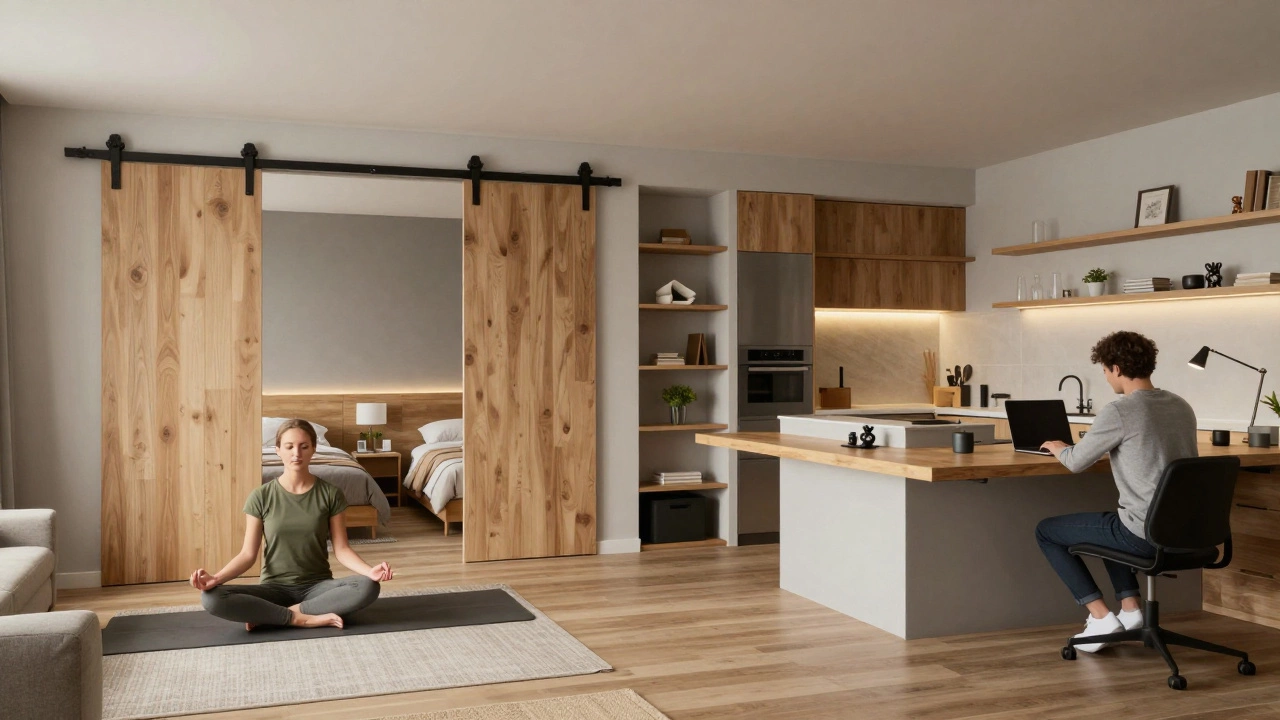 Smart small-space design with sliding doors, LED lighting, and fold-out dining table in minimalist apartment.