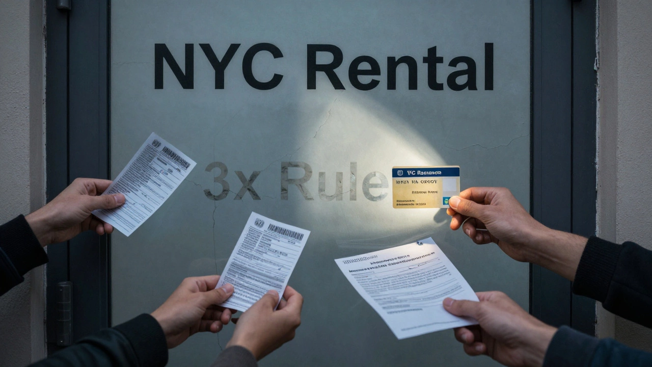 Transparent rental door with hands offering different documents, cracked wall behind reads '3x Rule'.