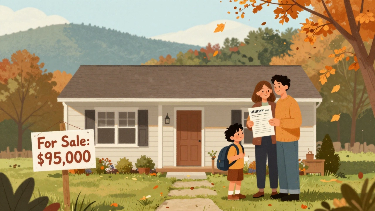 A family outside an affordable home in West Virginia with autumn leaves falling around them.