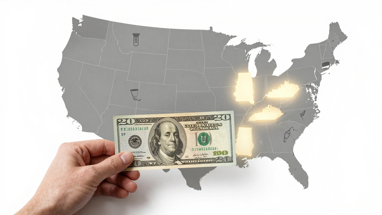 A hand holding a  bill beside a map showing affordable southern states glowing in gold.