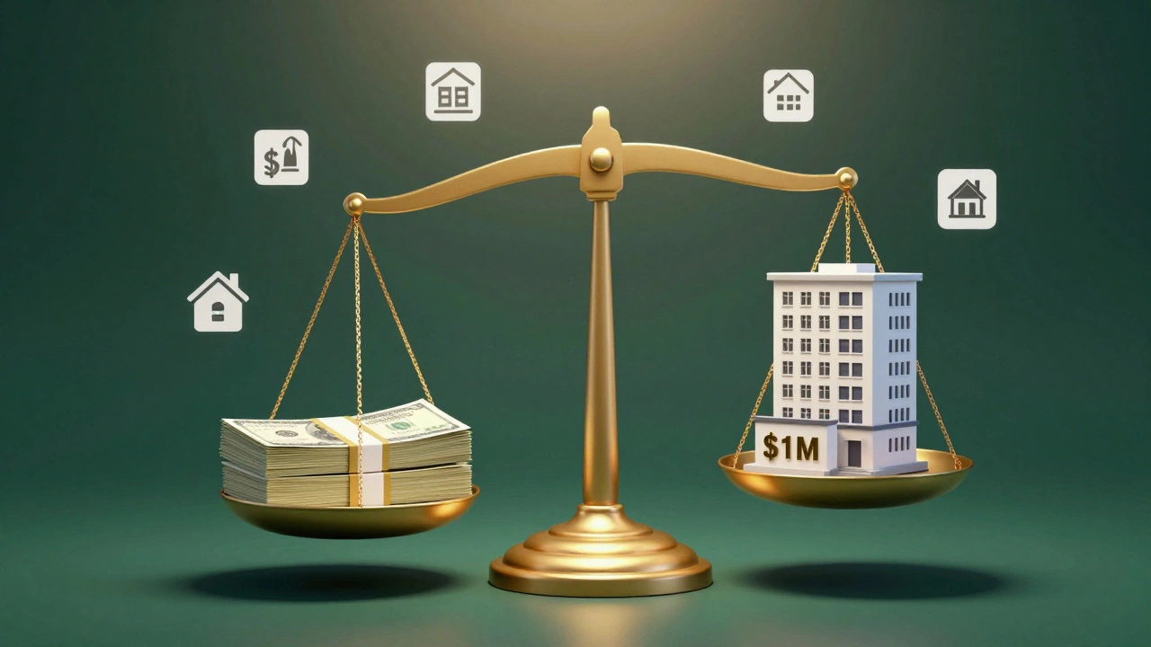 Balanced scale showing annual net income versus property value with expense icons.