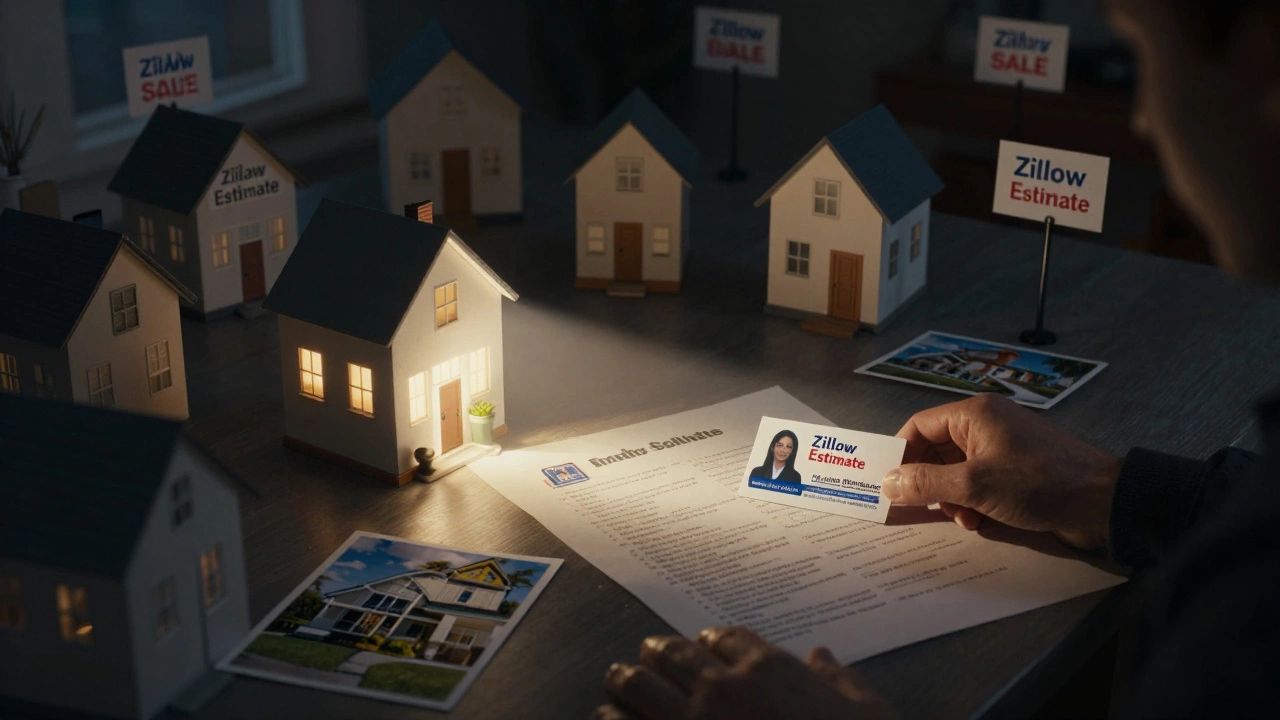 Flashlight illuminates real estate documents in a dark room filled with house-shaped furniture.
