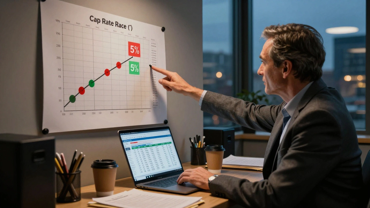 Investor analyzing cap rate chart in a dimly lit real estate office at dusk.