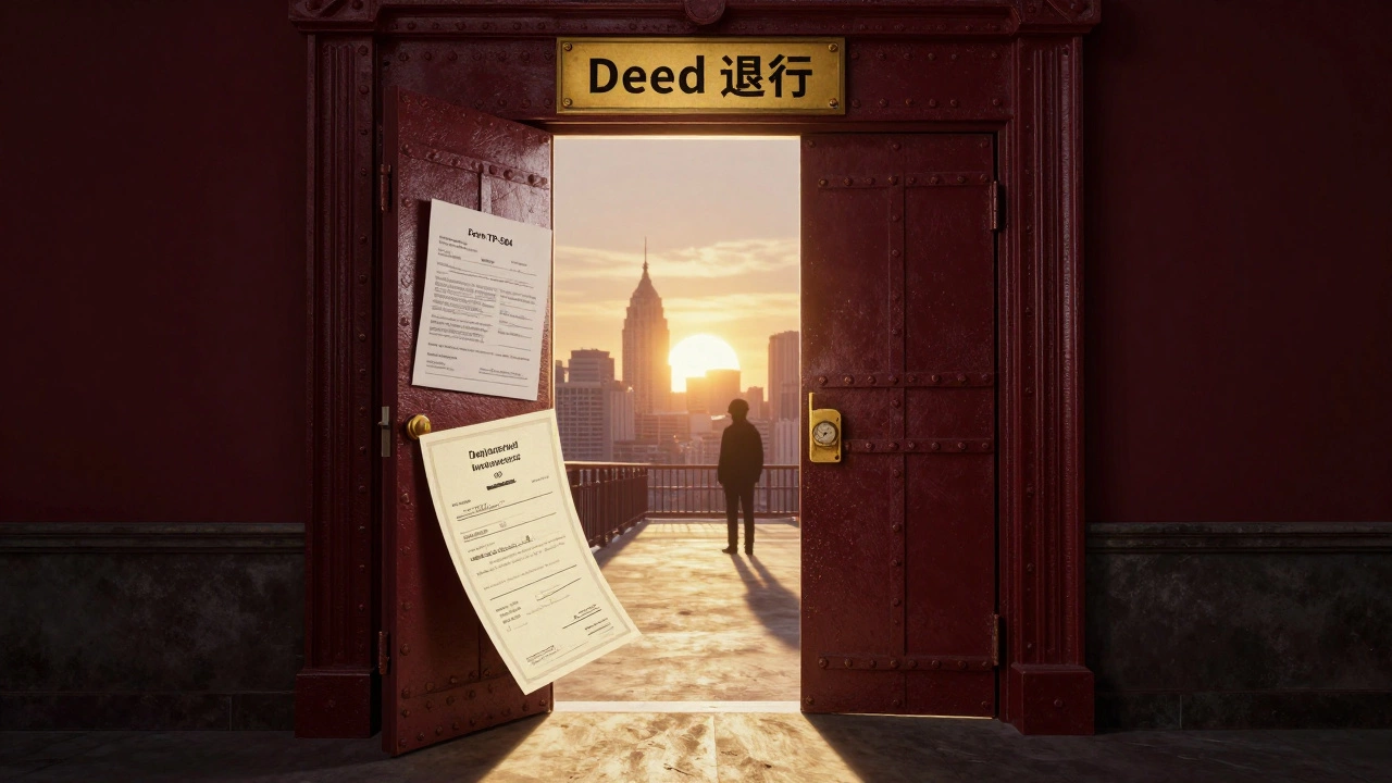 Iron door labeled 'Deed Recording' opening to reveal legal documents and a glowing city skyline.