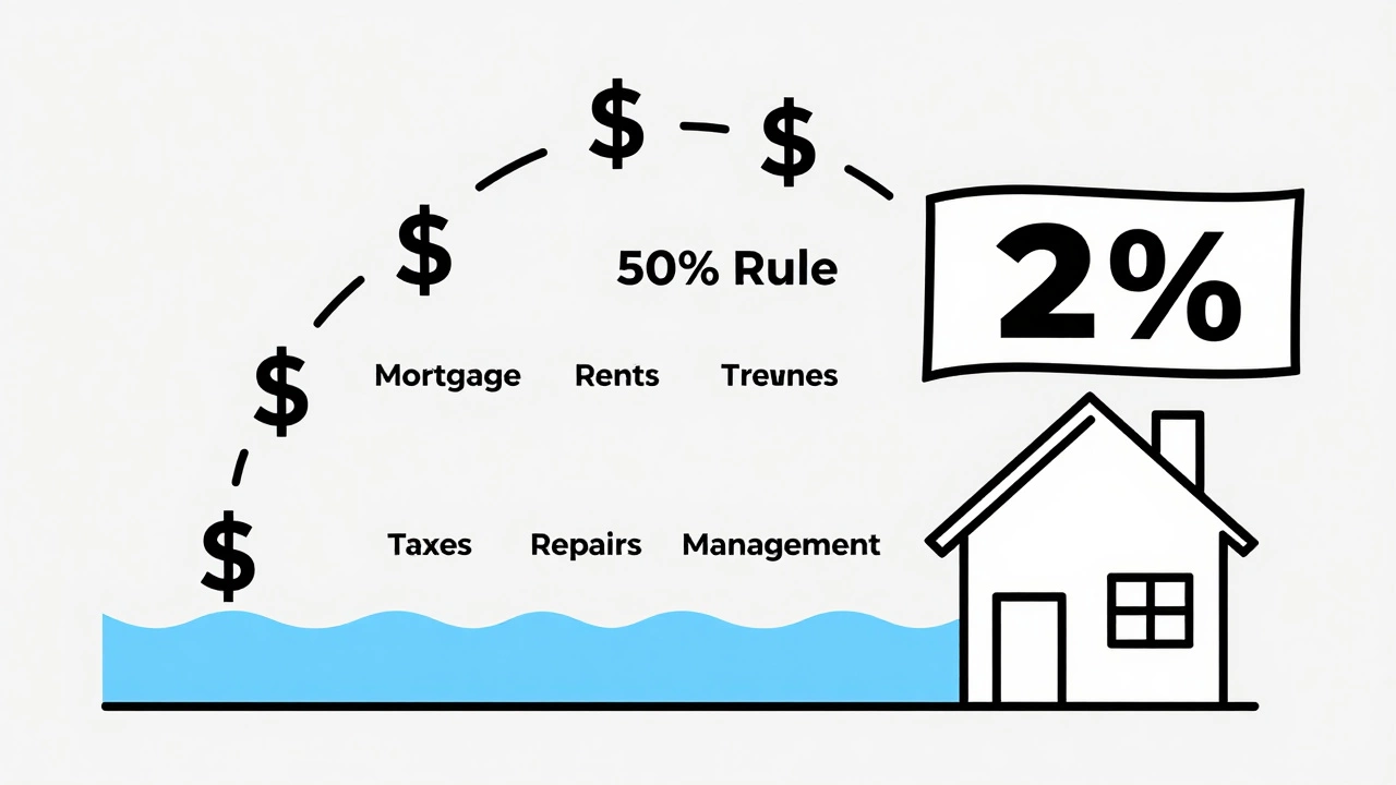 Minimalist diagram showing rent income and expenses with 50% rule and 2% threshold highlighted.