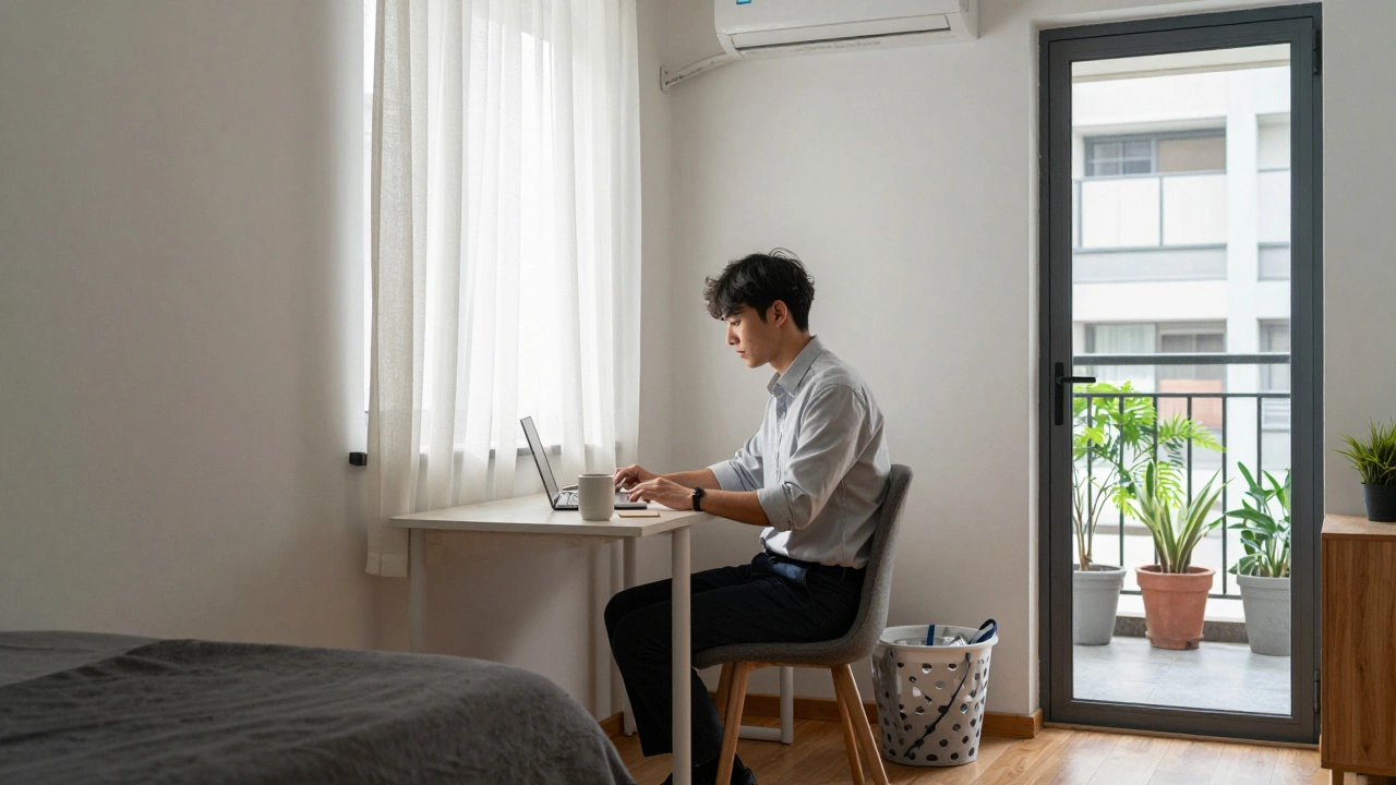 Person working at a desk in a T2 apartment living room, bedroom door closed, natural light and balcony plants visible.