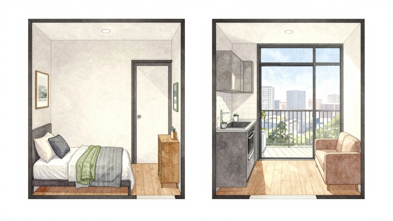 T2 apartment layout showing separate bedroom and living room with kitchen and bathroom, illustrated in soft watercolor style.