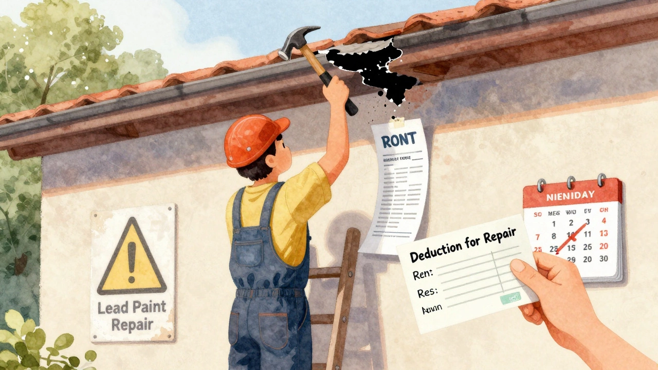 Tenant repairing roof leak and deducting cost from rent with receipt visible