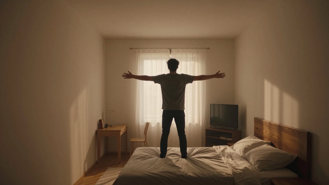 A person standing in a tiny bedroom, arms touching walls and bed, with faint outlines of furniture that won't fit.