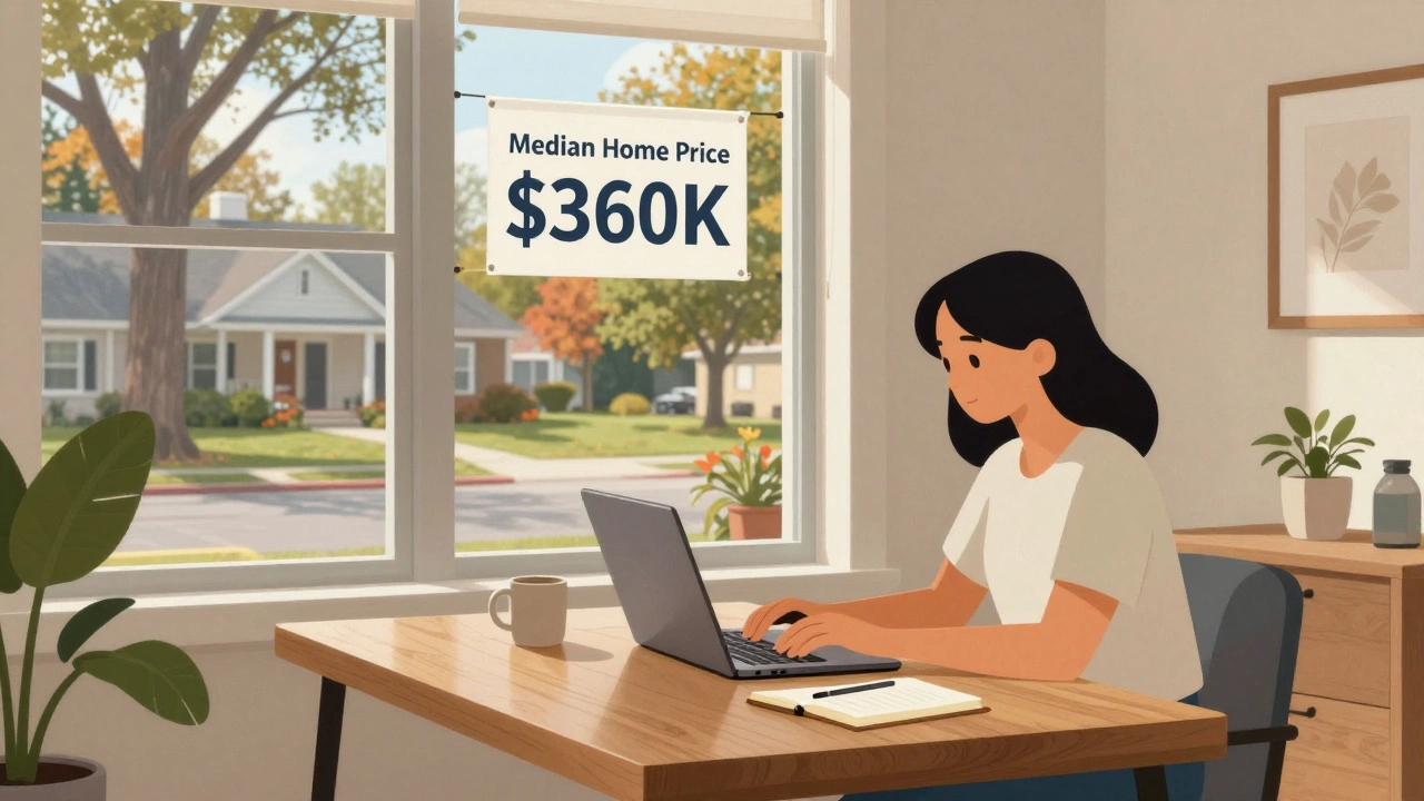 A remote worker in a sunlit Georgia home office, with suburban trees visible through the window.