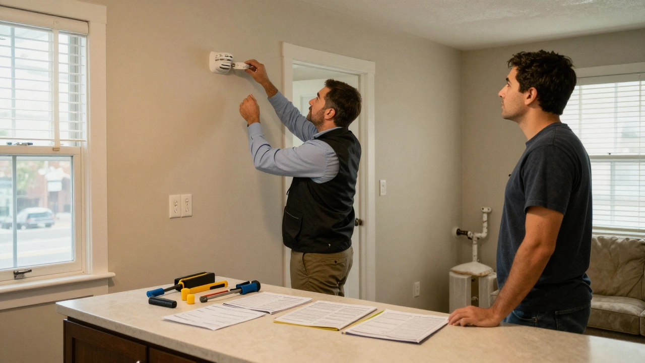 City inspector checking smoke detectors and plumbing in a Richmond rental unit