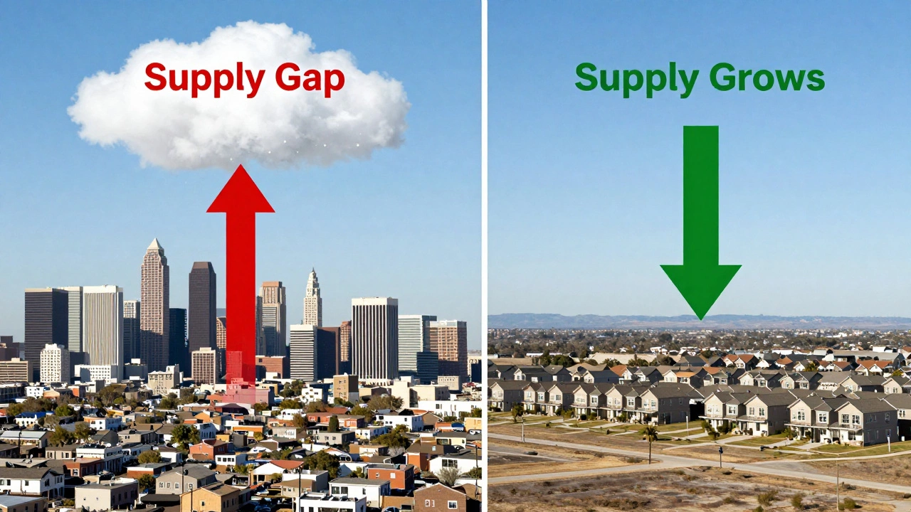Contrasting left: crowded California city with supply gap; right: open Texas suburb with new homes.