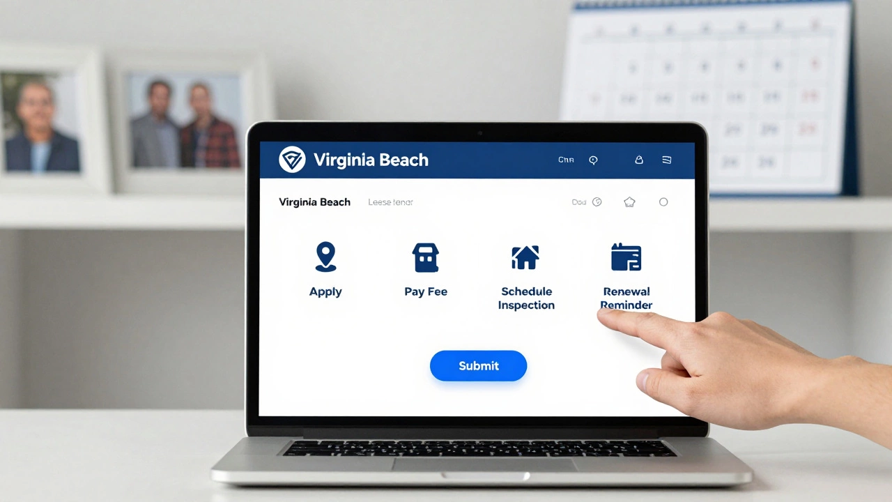 Hand hovering over 'Submit' button on a rental license online portal