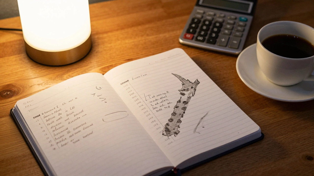 Investor's notebook with handwritten GRM data and a calculator on a desk.