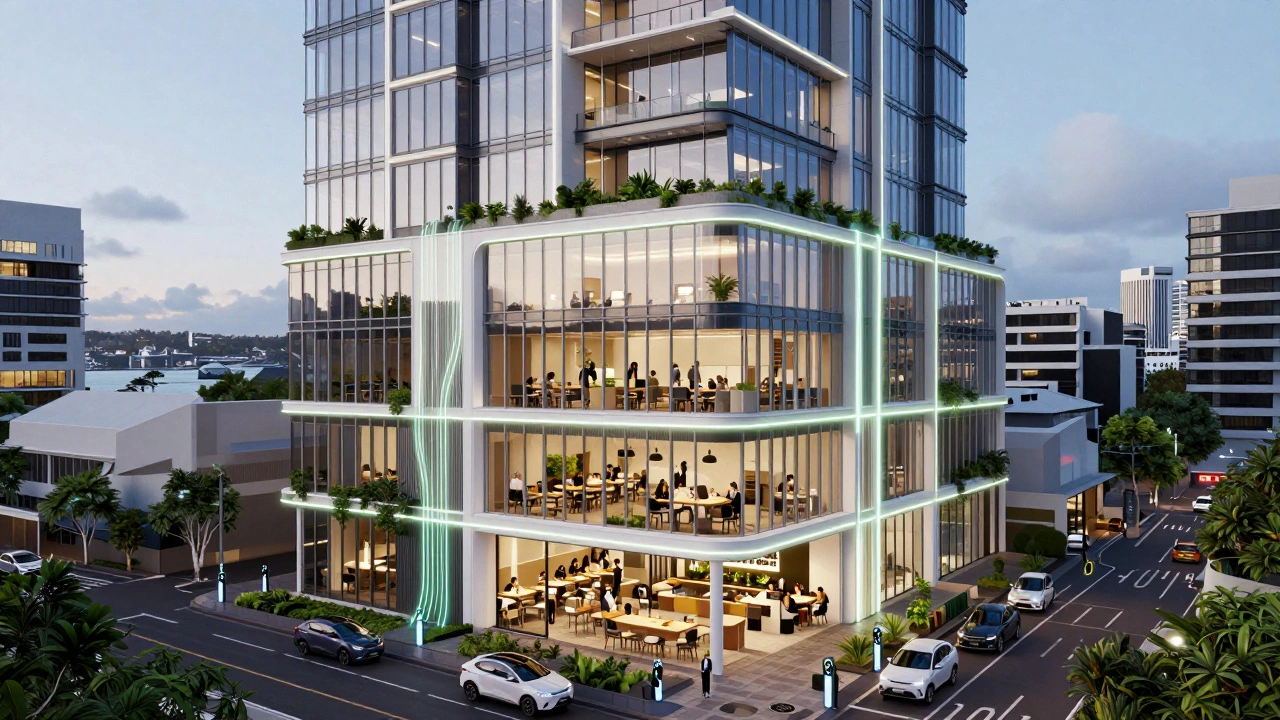 Modern CBD office tower with green roof, glowing windows, and electric vehicles below.