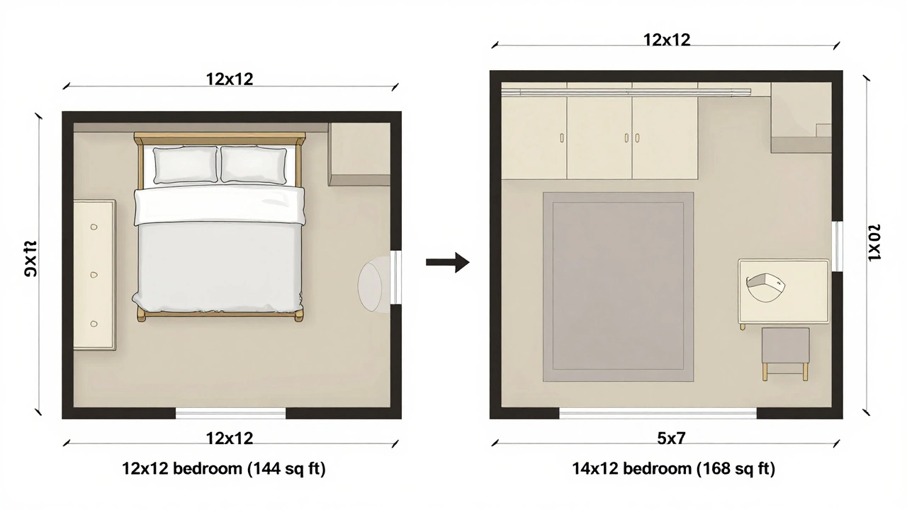 Side-by-side floor plan comparison showing a 12x12 bedroom versus a larger 14x12 bedroom with more furniture space.