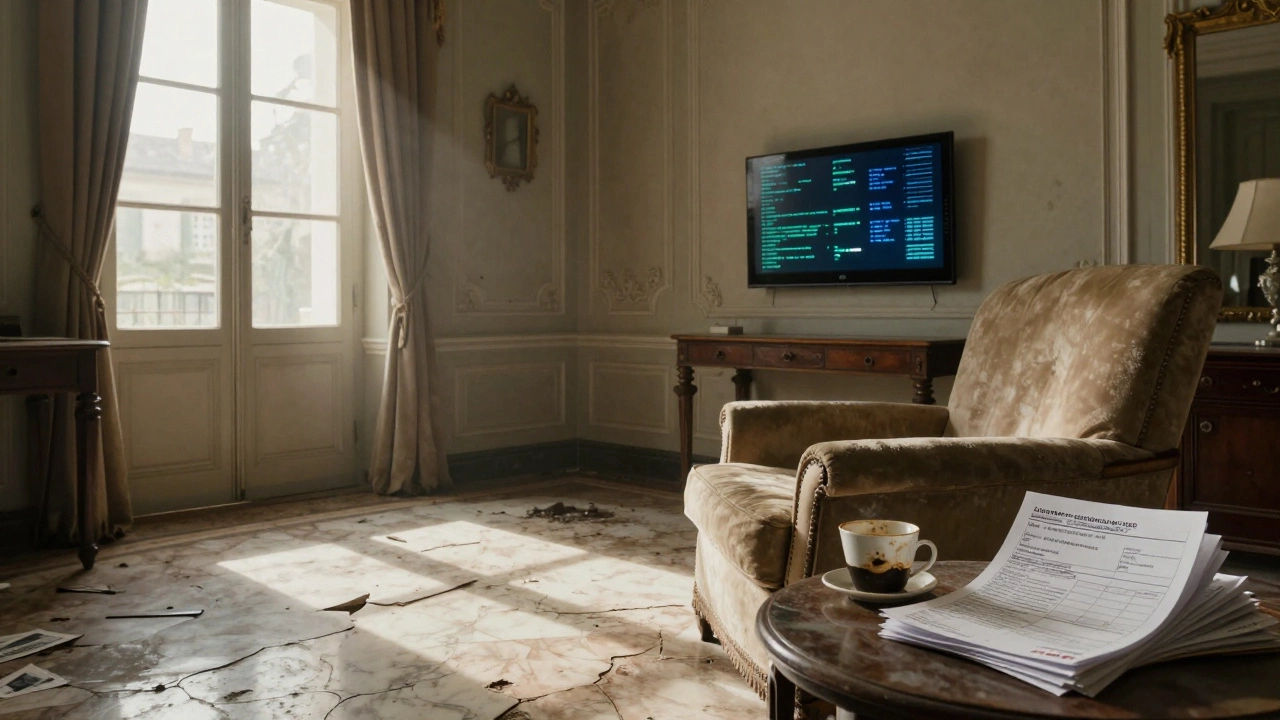 A dusty, elegant living room with a flickering smart panel and unpaid bills on a side table.