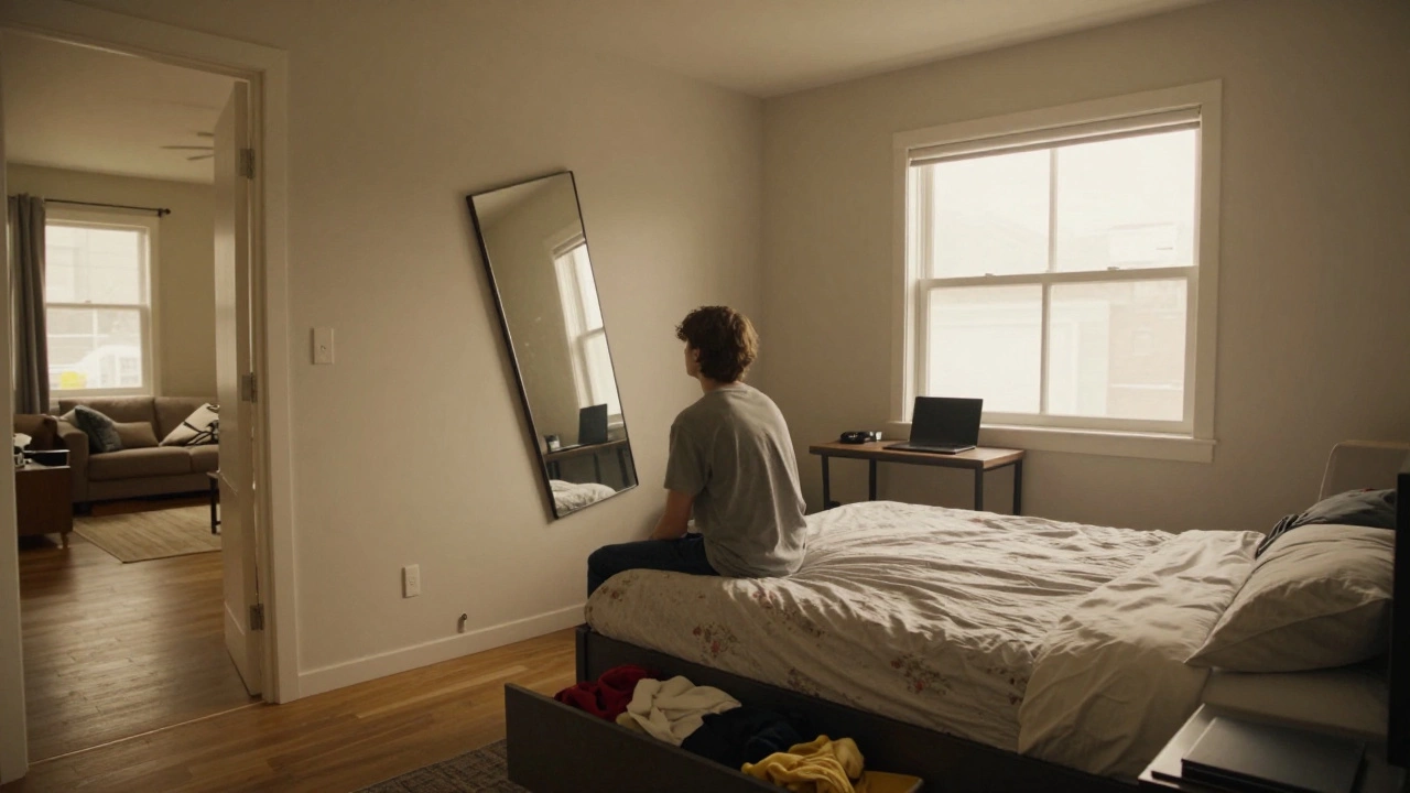 A person sitting on a bed in a small room, with a mirror mounted diagonally and clothes scattered around.