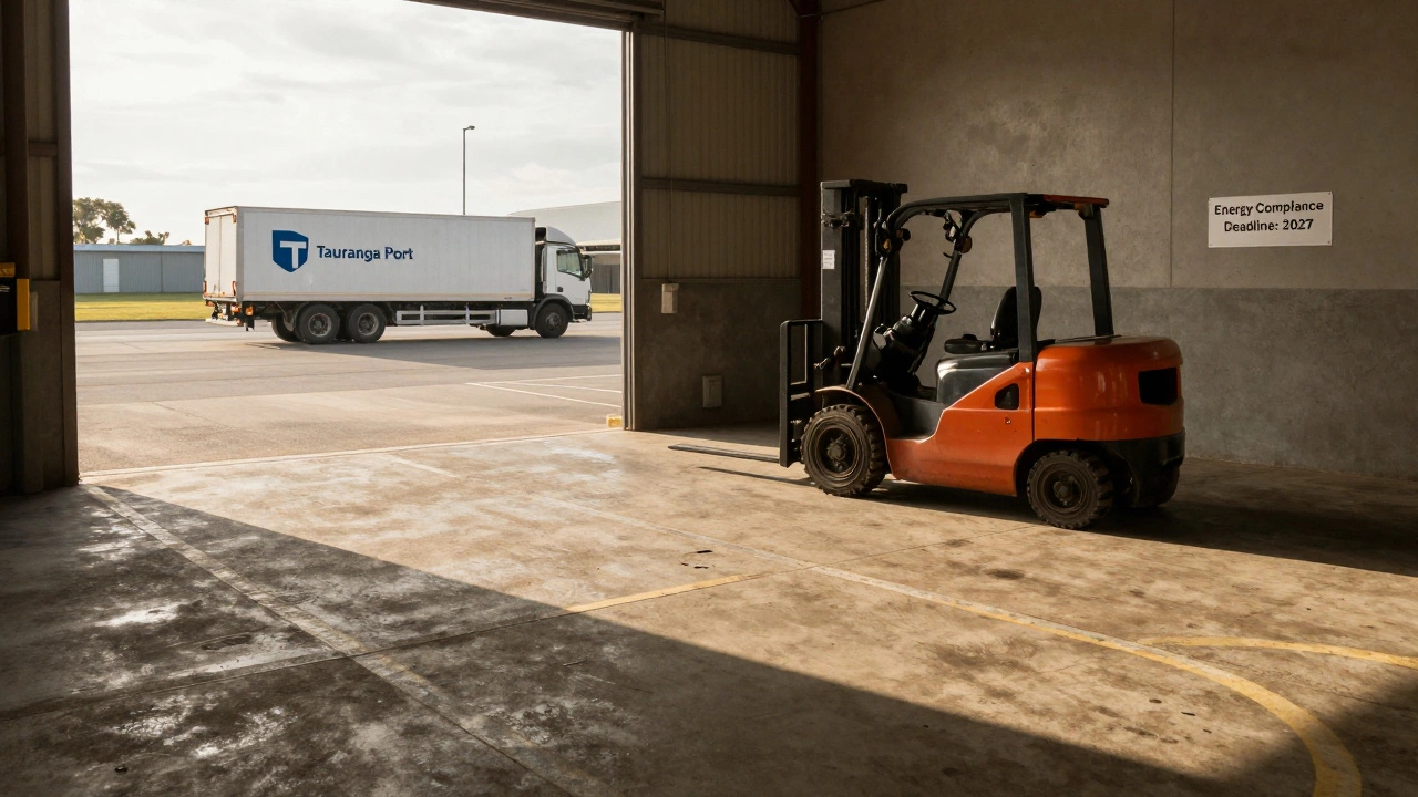 An idle warehouse with faded markings and a notice about energy compliance deadline.