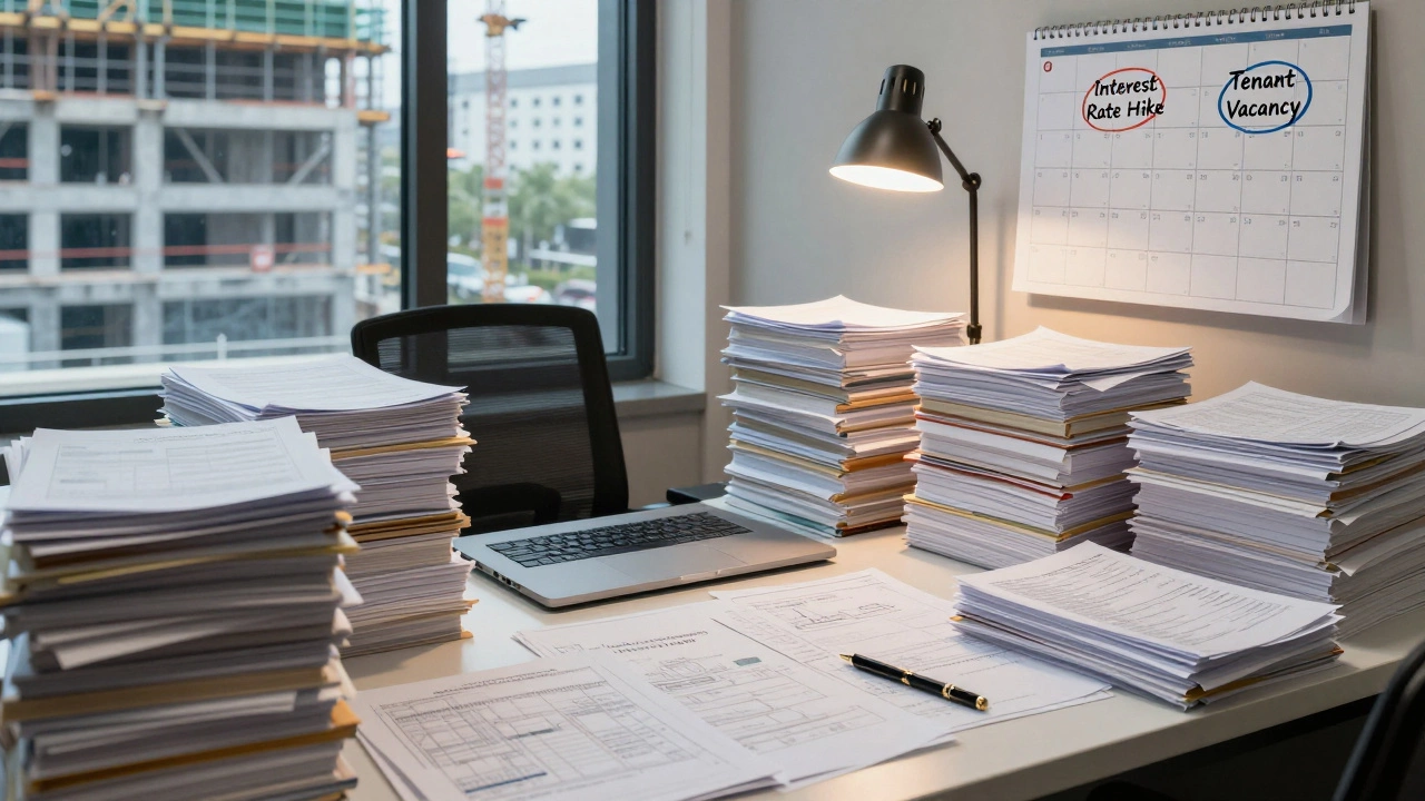 An investor overwhelmed by documents and spreadsheets in a cluttered home office.