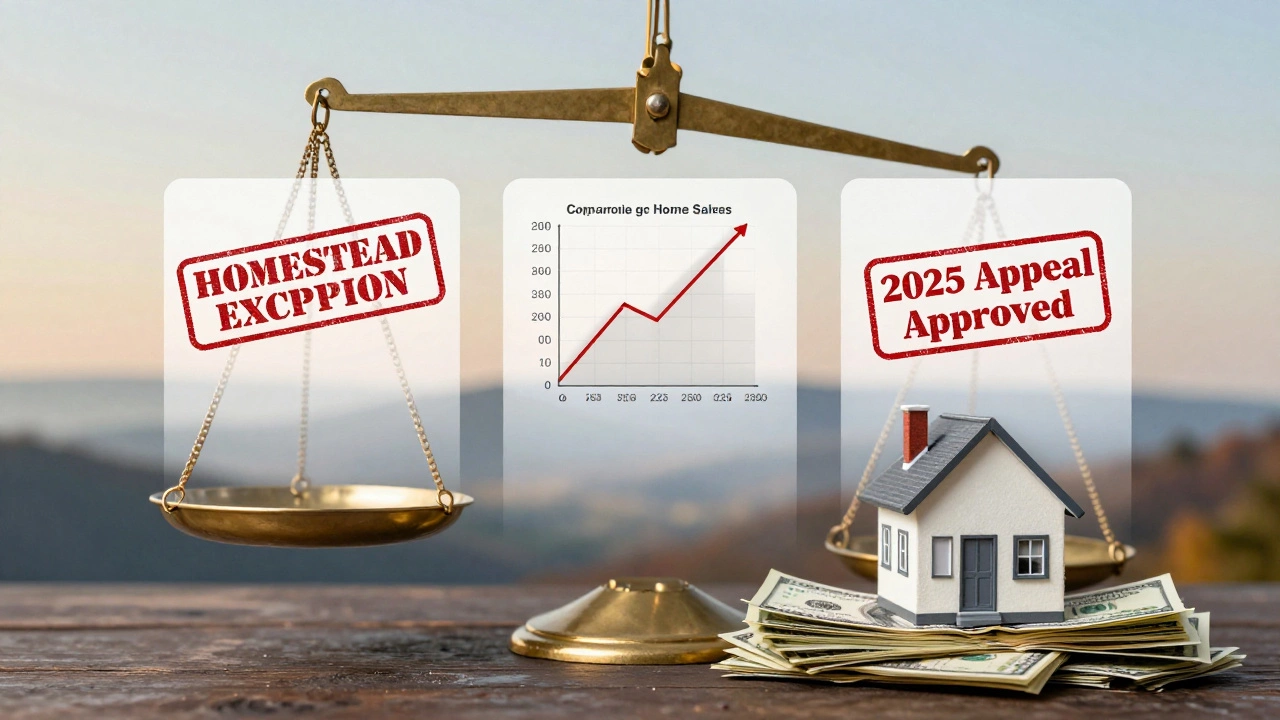 Balance scale showing home value decreasing due to legal tax exemptions and appeal approval.