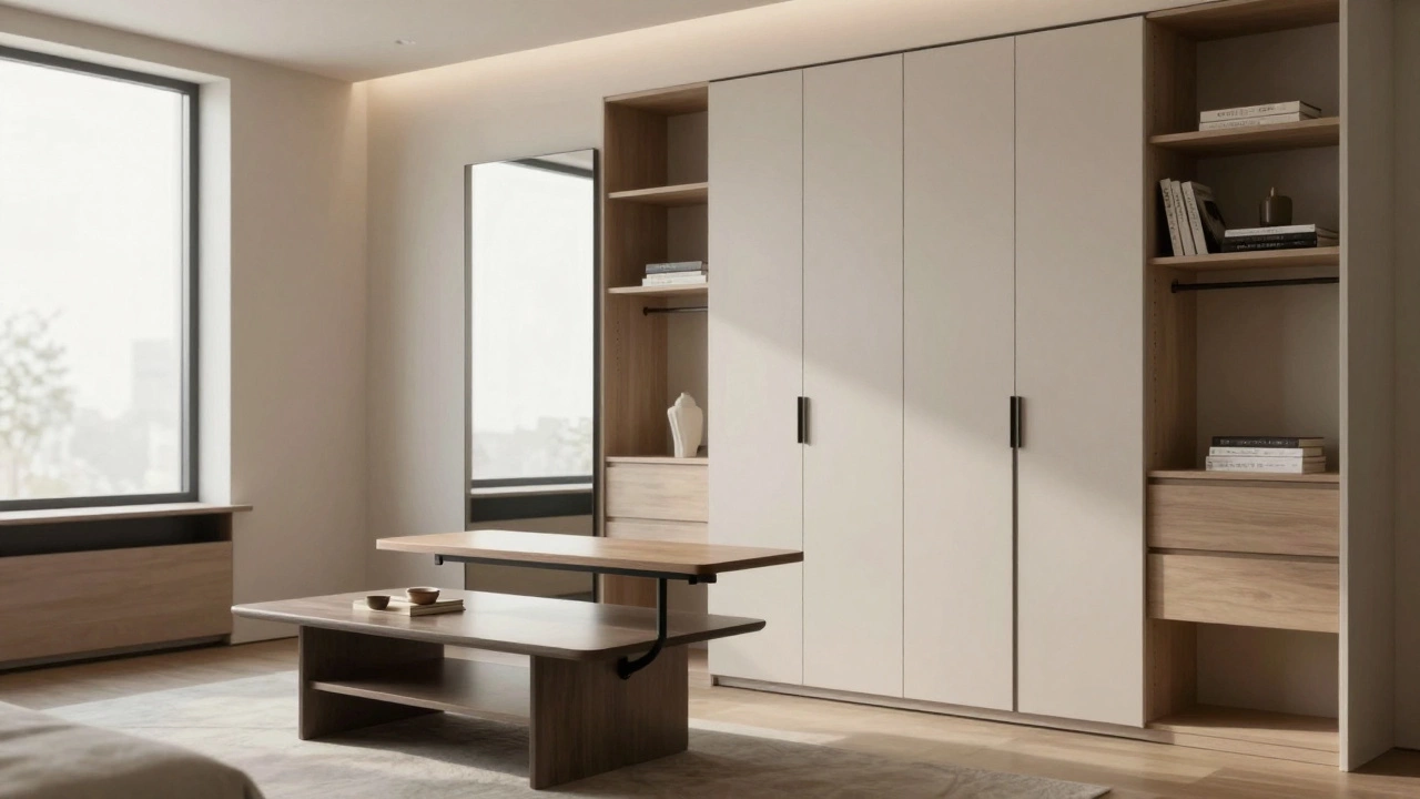 Close-up of space-saving furniture and tall storage units in small room.