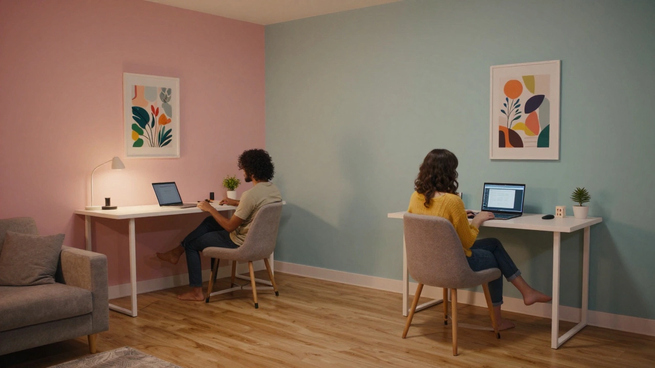 Cozy evening scene inside a compact apartment with seamless flooring.