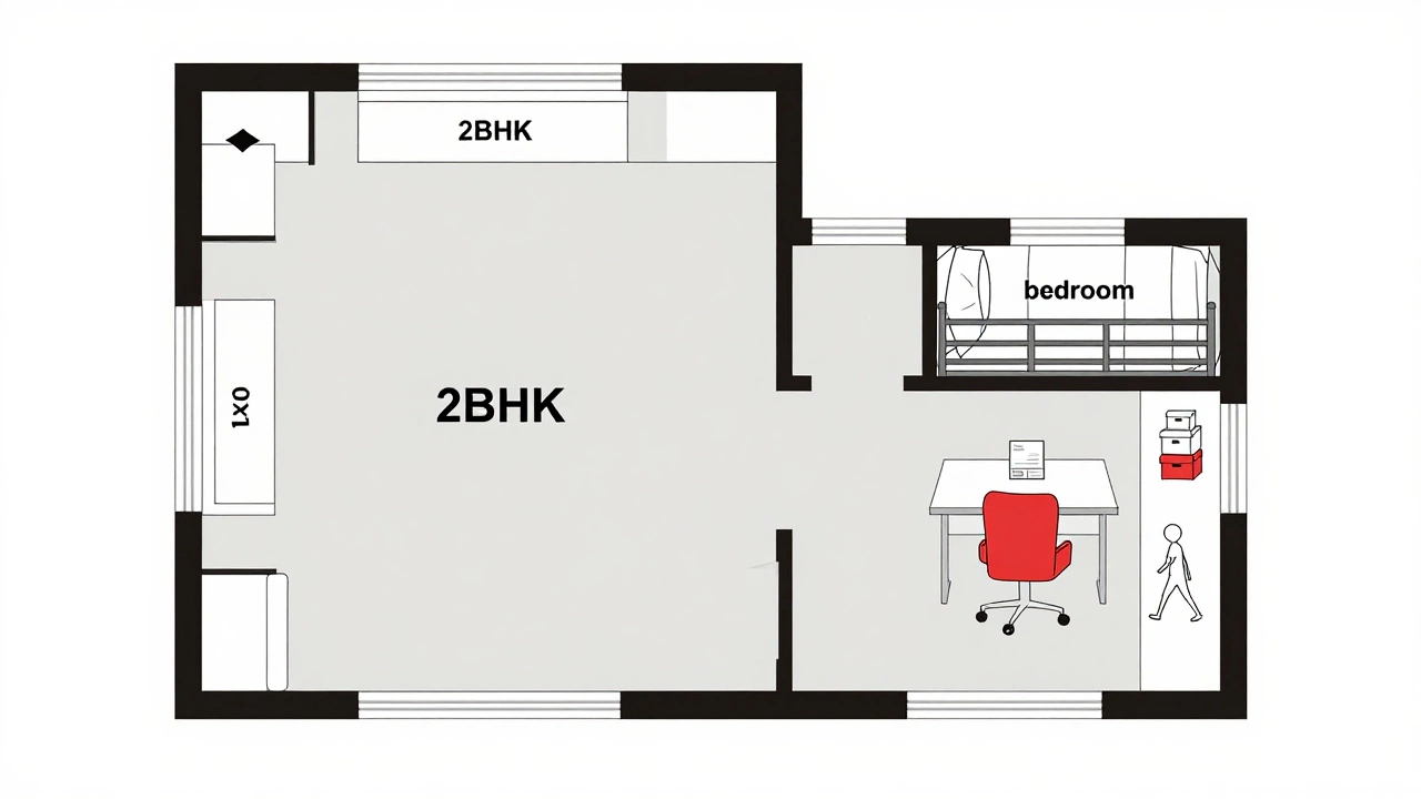 Floor plan showing a spacious master bedroom next to a tiny 10x10 room packed with furniture and restricted movement.