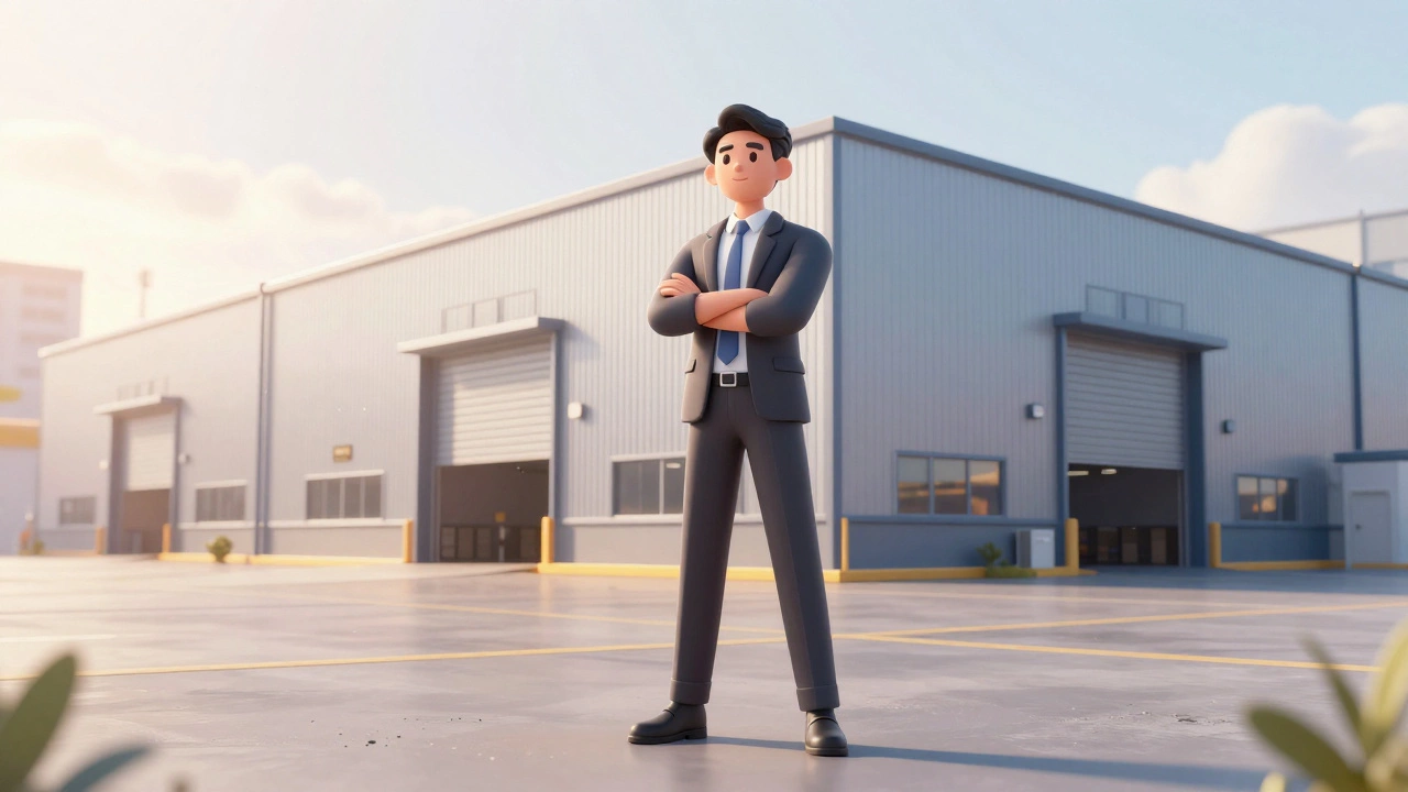 Investor standing before a large modern logistics warehouse.