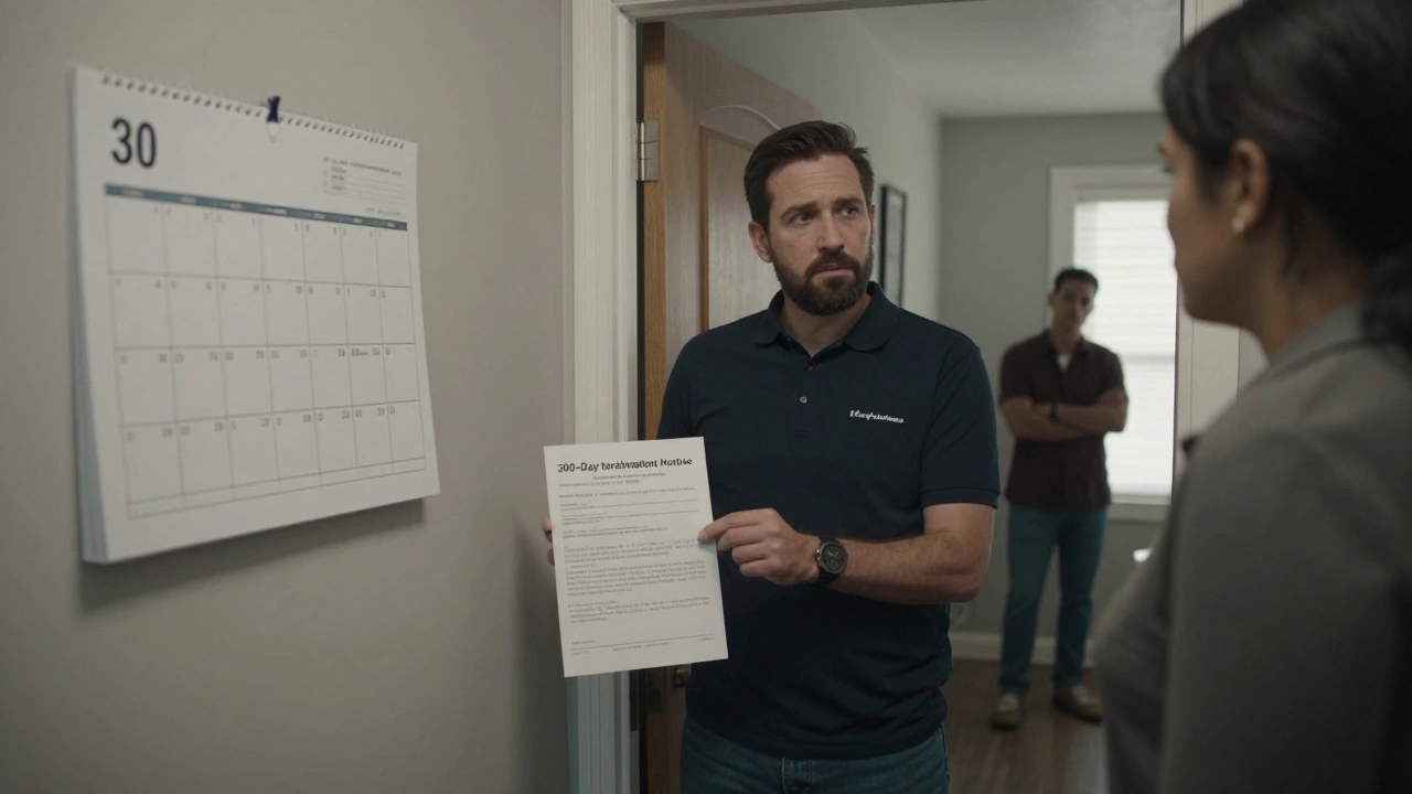 Landlord delivering a 30-day termination notice at a rental property doorway in Virginia.