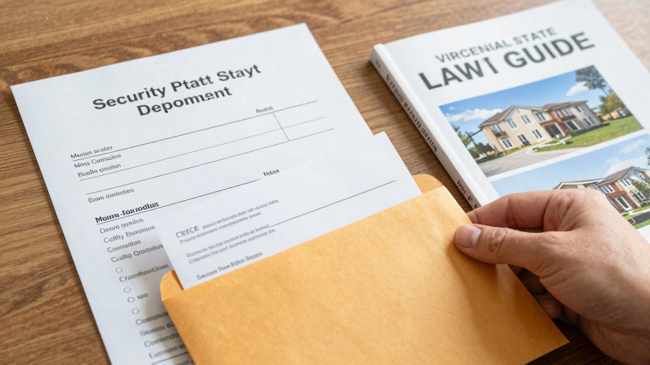 Security deposit receipt and move-in photos laid out beside a legal guidebook on a wooden table.