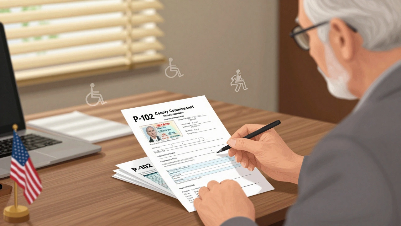 Senior citizen submitting tax exemption forms at county office with supporting documents.