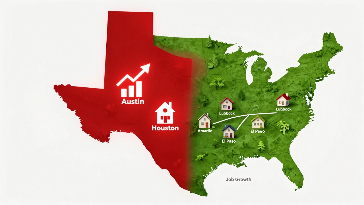Texas map split between high-rent cities and affordable towns, connected by job growth thread.