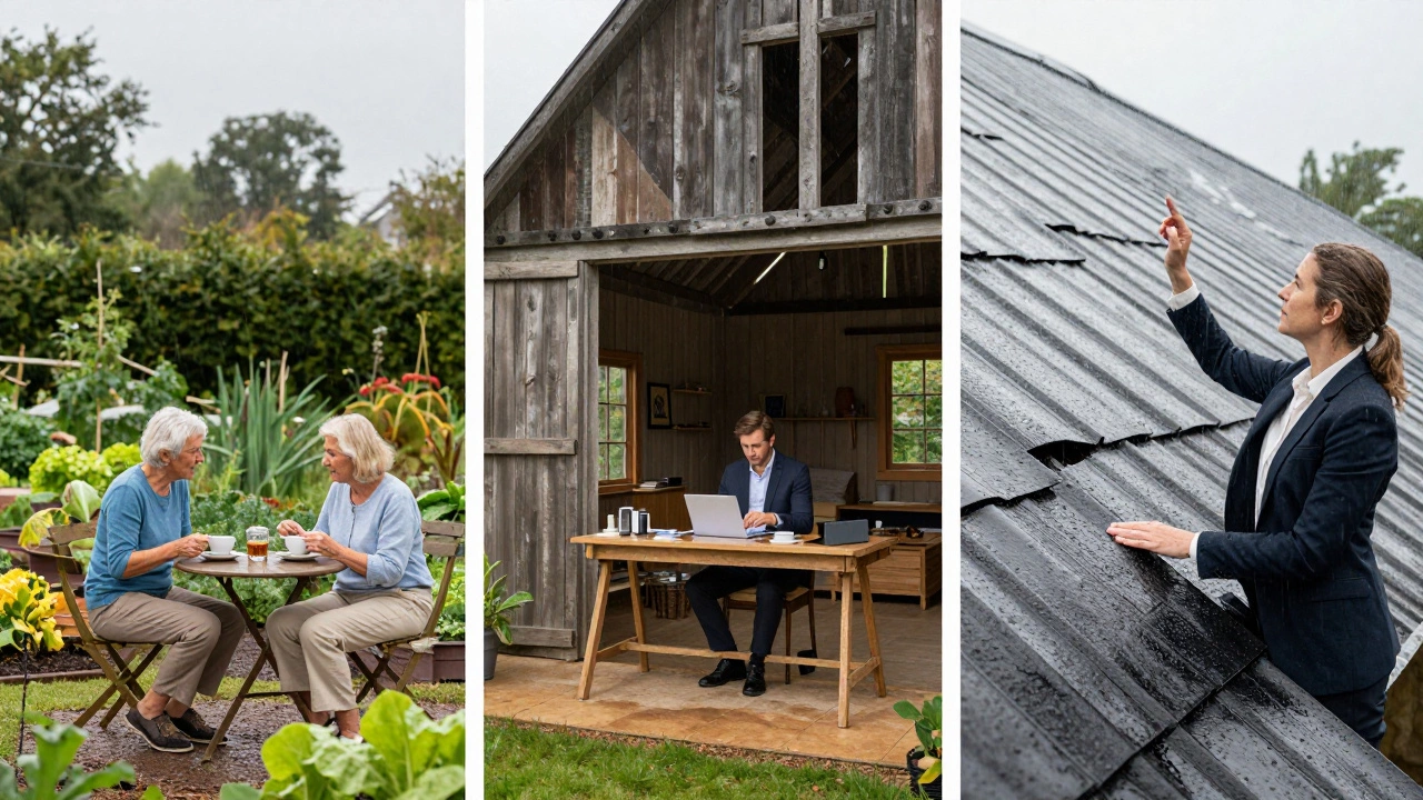 Three people in different parts of a villa: a couple gardening, a worker in a barn office, and a manager fixing a leaky roof.