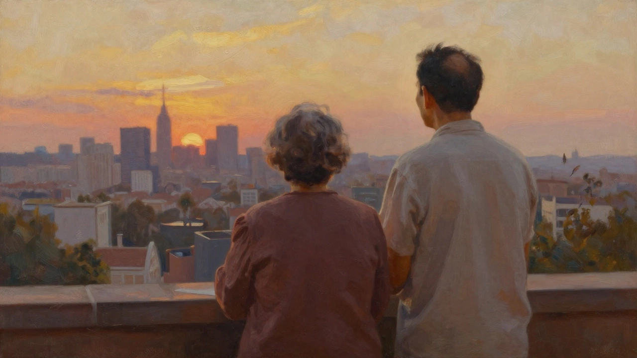 Two generations overlooking a city skyline at sunset.