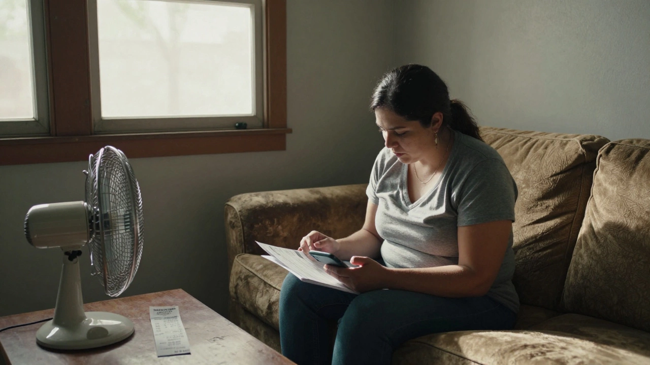 Woman in modest Lubbock apartment reviewing budget with fan and grocery receipt visible.